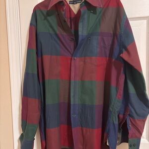 Tommy Hilfiger Men's Red and Green Plaid Shirt